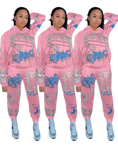 Street Style Printed Pink Hooded Sweatsuits