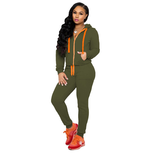 Dark Green Hooded Tracksuit with Contrast Details