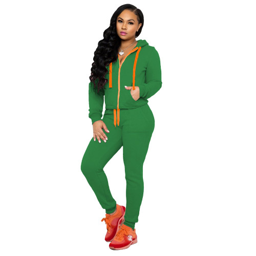 Green Hooded Tracksuit with Contrast Details