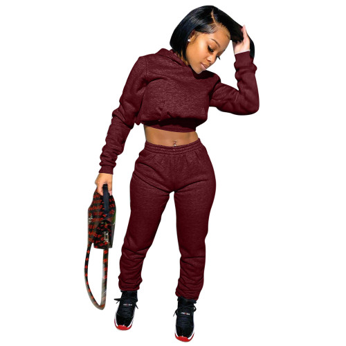 Burgundy Solid Warm Hooded Sweatsuits