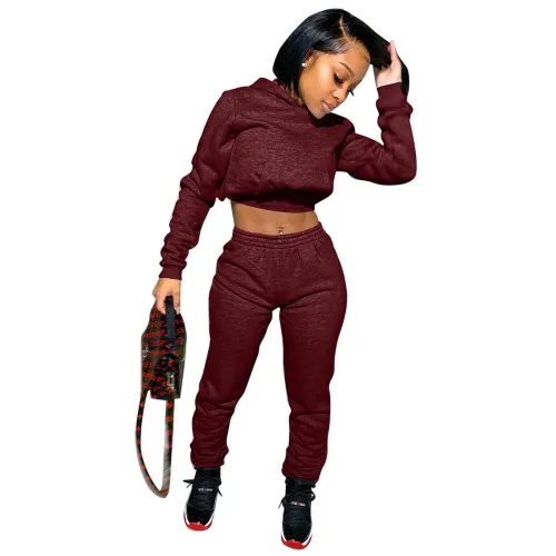 Burgundy Solid Warm Hooded Sweatsuits