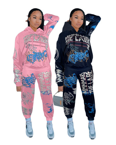 Street Style Printed Pink Hooded Sweatsuits