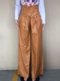 Brown PU Leather High Waist Wide Leg Pants