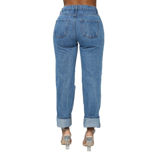 Ripped Wide Leg Blue Casual Jeans