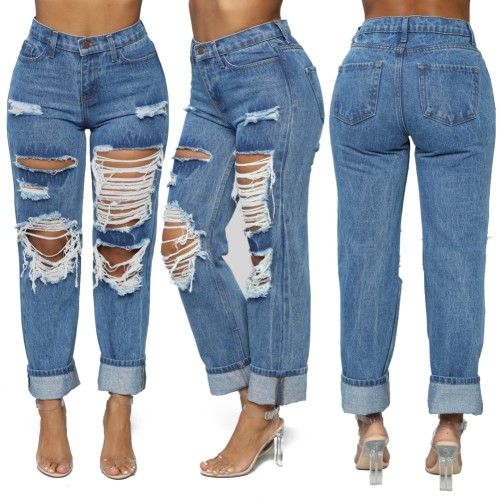Ripped Wide Leg Blue Casual Jeans