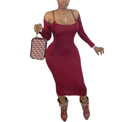 Burgundy Cold Shoulder Straps Midi Dress with Sleeves