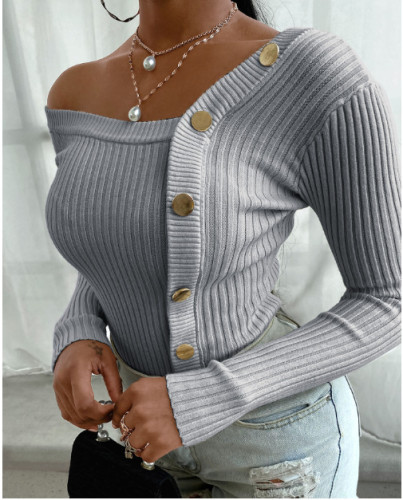 Gray Button Trim Rib-Knit Top