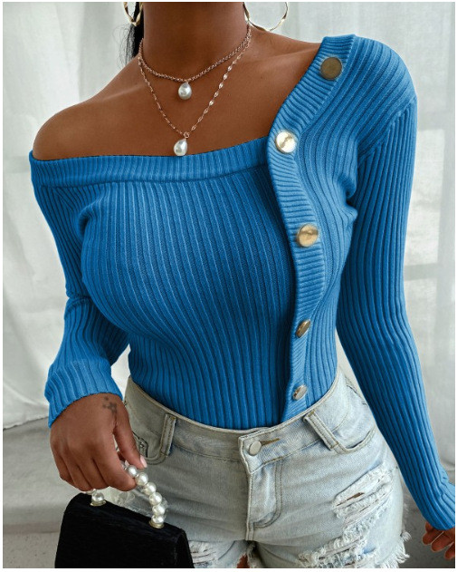 Blue Button Trim Rib-Knit Top