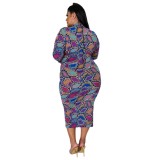 Mock Neck Multicolor Print Plus Size Midi Dress
