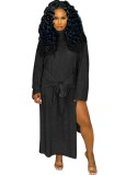 Solid Black Tie Front Slit Long Leisure Dress