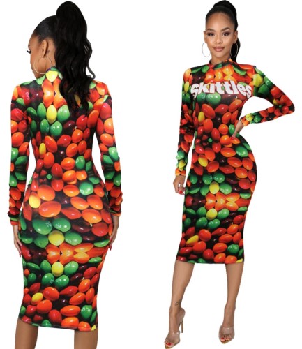 Print Candy Long Sleeve Bodycon Midi Dress