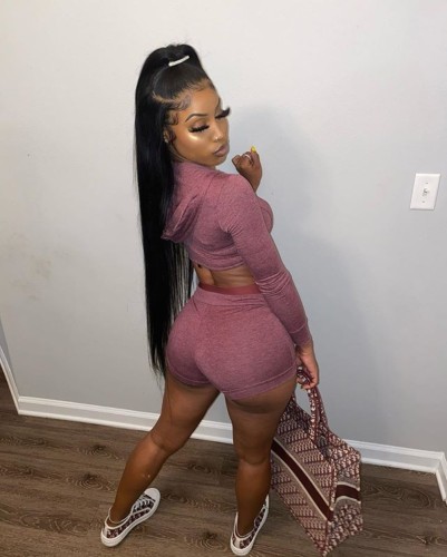 Sexy Purple Zip Up Hooded Crop Top and Shorts Set