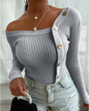 Gray Button Trim Rib-Knit Top