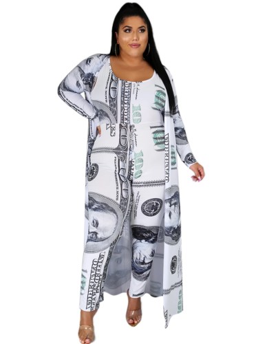 Plus Size Dollar Print Jumpsuit and Long Cardigan