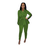 Green Peplum Belted Coat and Pants 2PCS Set