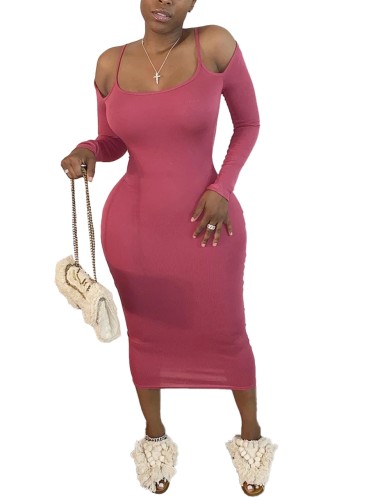 Pink Cold Shoulder Straps Midi Dress with Sleeves