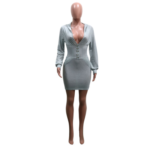 Deep-V Gray Hooded Corset Mini Dress