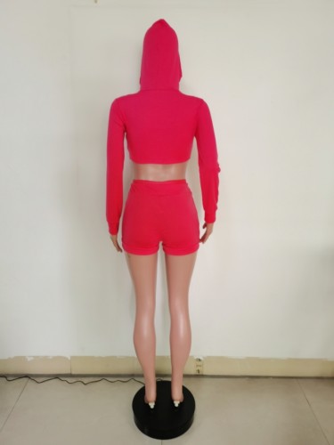 Sexy Hot Pink Zip Up Hooded Crop Top and Shorts Set
