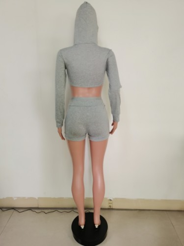 Sexy Gray Zip Up Hooded Crop Top and Shorts Set