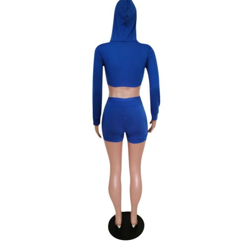 Sexy Blue Zip Up Hooded Crop Top and Shorts Set