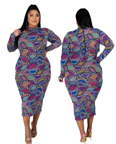 Mock Neck Multicolor Print Plus Size Midi Dress