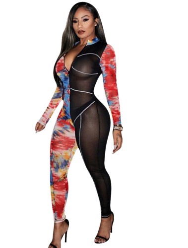 Contrast Patchwork See Through Mesh Bodycon Jumpsuit
