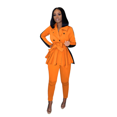 Orange Peplum Belted Coat and Pants 2PCS Set