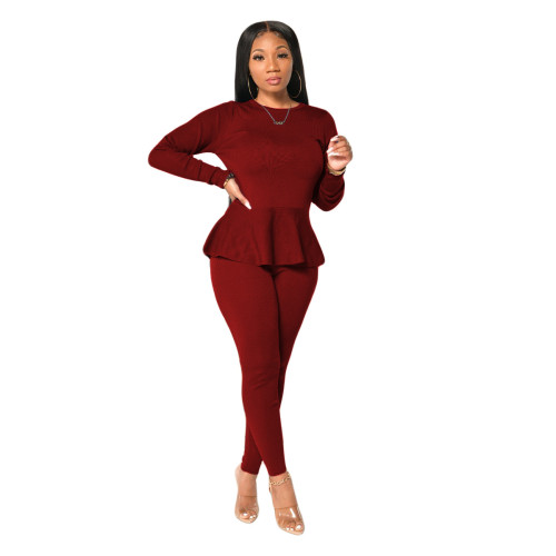 Burgundy Lace Up Peplum Top and Pants Two Piece Outfits