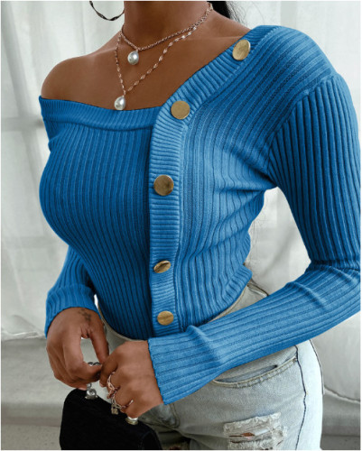 Blue Button Trim Rib-Knit Top