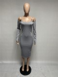 Gray Cold Shoulder Straps Midi Dress with Sleeves