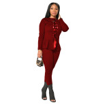 Burgundy Lace Up Peplum Top and Pants Two Piece Outfits