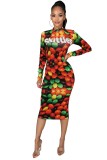 Print Candy Long Sleeve Bodycon Midi Dress