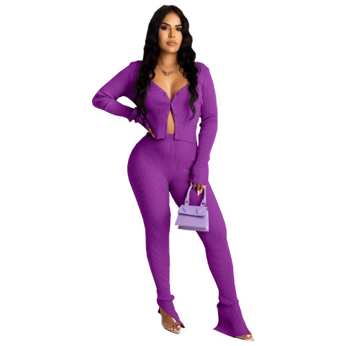 Purple Button Up Ribbed Top and Slit Bottom Pants