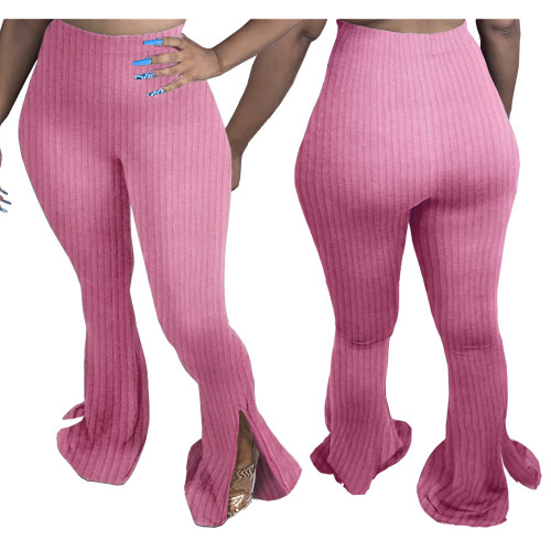 Slit Bottom Pink Flare High Waist Pants