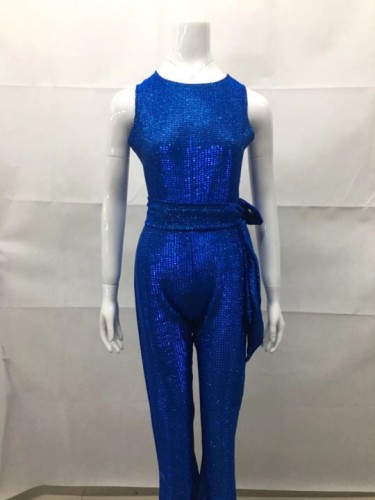Blue Sequin Backless Jumpsuit with Belt