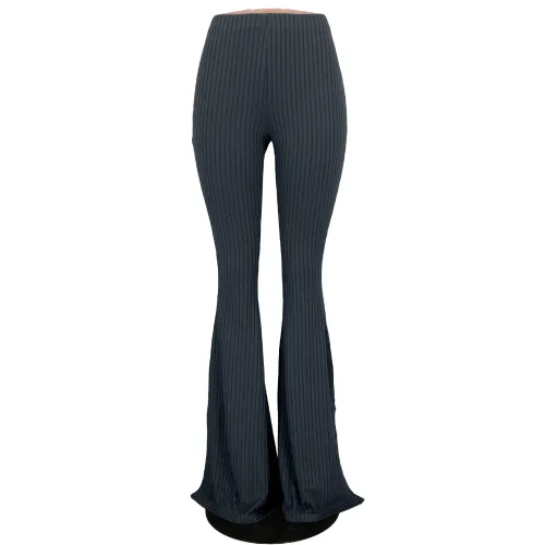 Slit Bottom Dark Gray Flare High Waist Pants