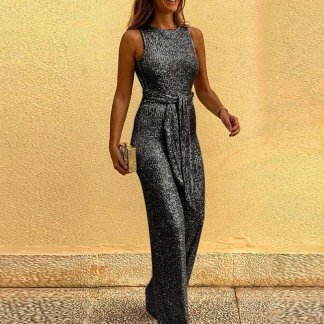 Black Sequin Backless Jumpsuit with Belt