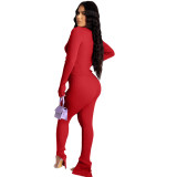 Red Button Up Ribbed Top and Slit Bottom Pants