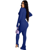 Blue Button Up Ribbed Top and Slit Bottom Pants