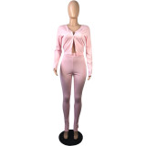 Pink Button Up Ribbed Top and Slit Bottom Pants