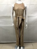 Gold Sequin Backless Jumpsuit with Belt