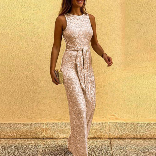 Champagne Sequin Backless Jumpsuit with Belt