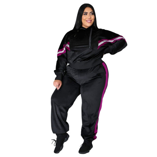 Plus Size Velvet Black Splicing Hooded Sweatsuit