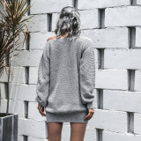 Slash Neck Gray Bubble Sleeve Sweater Dress