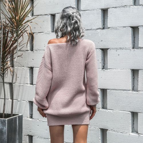 Slash Neck Pink Bubble Sleeve Sweater Dress