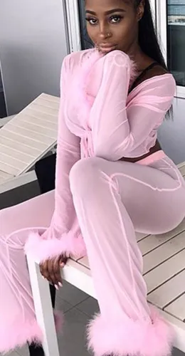 Pink Mesh See Through Two Piece Pants Set