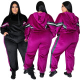 Plus Size Velvet Hot Pink Splicing Hooded Sweatsuit