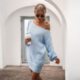 Slash Neck Blue Bubble Sleeve Sweater Dress