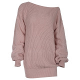 Slash Neck Pink Bubble Sleeve Sweater Dress