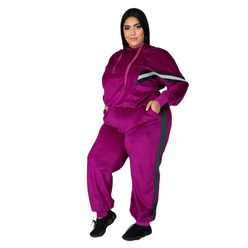 Plus Size Velvet Hot Pink Splicing Hooded Sweatsuit